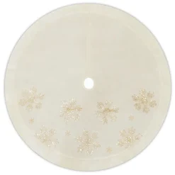 TREE SKIRT 48″ IVORY VELVET WITH FAUX FUR BORDER GOLD SNOWFLAKE SEQUINS & EMBROIDERY