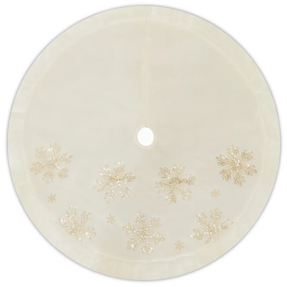 TREE SKIRT 48″ IVORY VELVET WITH FAUX FUR BORDER GOLD SNOWFLAKE SEQUINS & EMBROIDERY