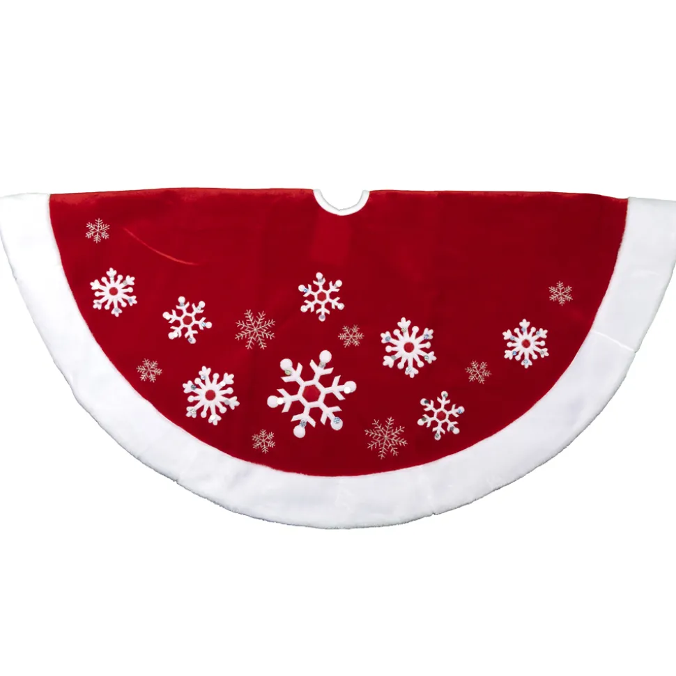 TREE SKIRT 48″ RED VELVET SNOWFLAKE DESIGN W/ WHITE FUR BORDER