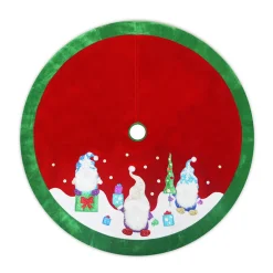 TREE SKIRT 48″ RED VELVET W/ METALLIC EMBROIDERY GNOME DESIGN