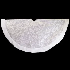 TREE SKIRT 48″ SILVER GLITTER ON SHEER ORGANZA W/FUR BORDER