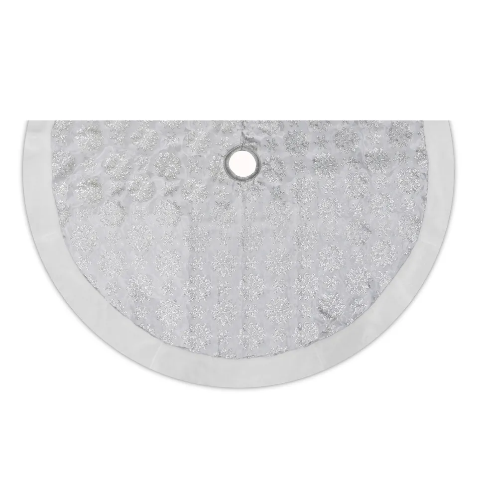 TREE SKIRT 48″ WHITE W/GLITTER PRINT ON SHEER ORGANZA W/ FAUX FUR BORDER