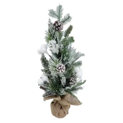 TREE TABLETOP 24″ FLOCKED MIXED PINE W/ PINE CONES AND WHITE SNOW BALLS