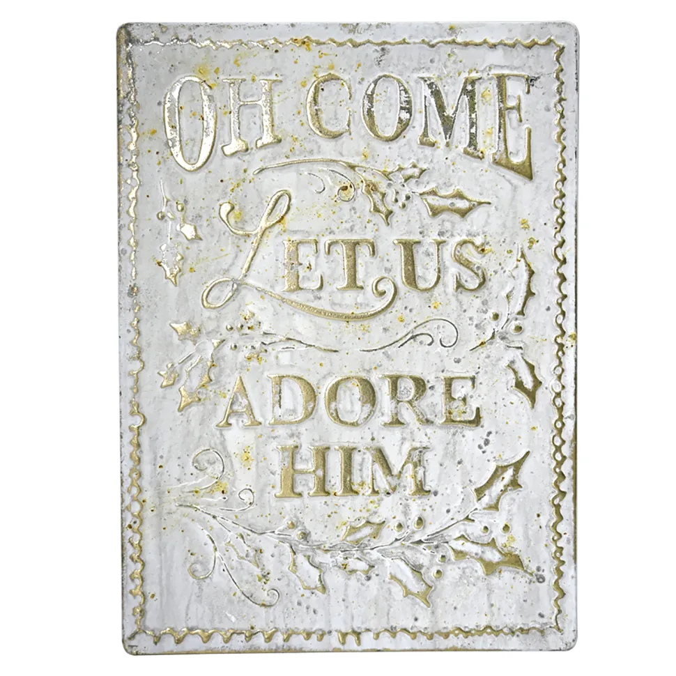 WALL DECOR METAL 10″X14″ GOLD/WHT “LET US ADORE HIM”