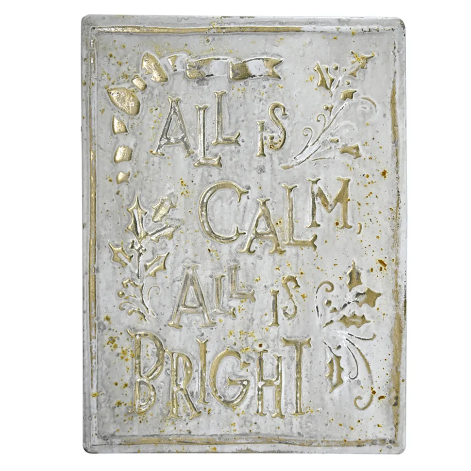 WALL DECOR METAL 10″X14″ GOLD/WHT “ALL IS CALM & BRIGHT”