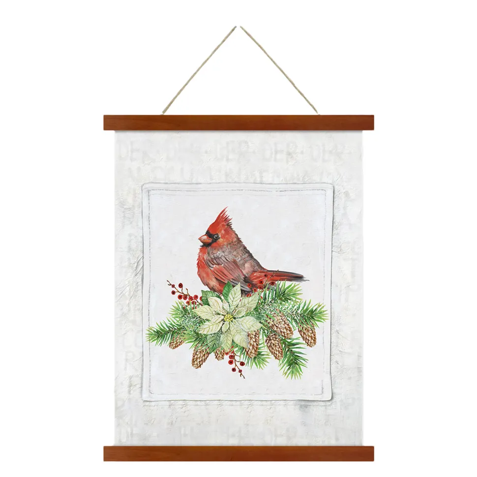 WALL SCROLL CARDINAL ON A POINSETTIA & PINE 15.5″x19.5″