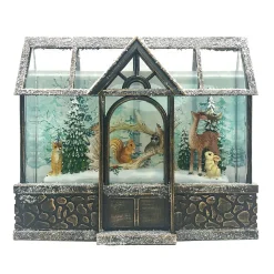 WATER GLOBE FROSTED GREEN HOUSE W/ ANIMALS 9″X8″ W/ GLITTER SPINNER, LED LIGHT, B/O