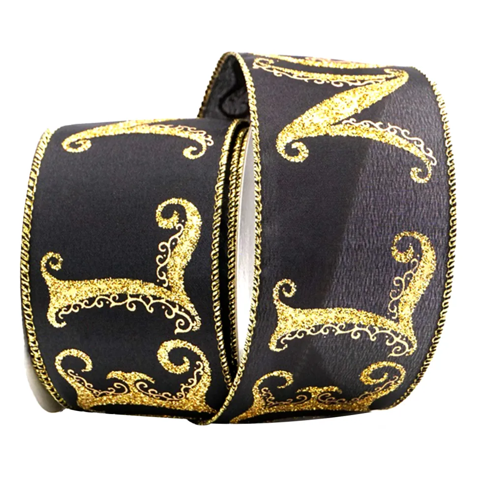WIRED RIBBON 2.5″x10 YDS. BLACK W/ GOLD “NOEL”