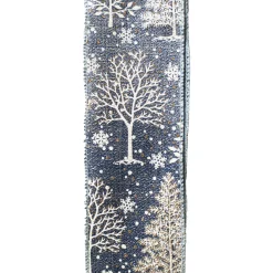 WIRED RIBBON 2.5″X10 YDS BLUE/ GRAY W/ TREE AND SNOWFLAKE