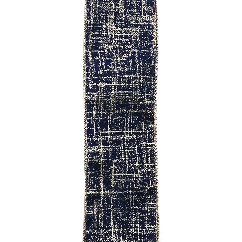 WIRED RIBBON 2.5″X10 YDS BLUE NAVY W/ GOLD CRISS-CROSS DESIGN