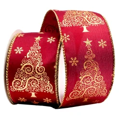WIRED RIBBON 2.5″x10 YDS. BURGUNDY W/ SWIRLY/CURLY TREES