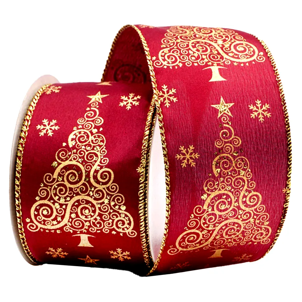 WIRED RIBBON 2.5″x10 YDS. BURGUNDY W/ SWIRLY/CURLY TREES