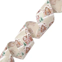 WIRED RIBBON 2.5″x10 YDS. BURLAP W/ BROWN, RED & GREEN SNOWED GINGERBREAD HOUSE