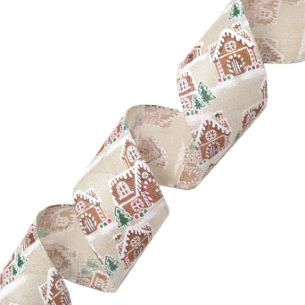 WIRED RIBBON 2.5″x10 YDS. BURLAP W/ BROWN, RED & GREEN SNOWED GINGERBREAD HOUSE
