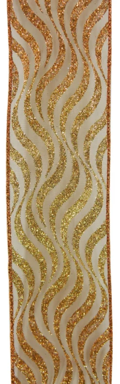 WIRED RIBBON 2.5″X10 YDS COPPER/ GOLD W/ WAVE STRIPE / GLITTER