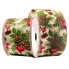 WIRED RIBBON 2.5″x10 YDS. CREAM W/ EVERGREENS & PINECONES
