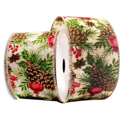 WIRED RIBBON 2.5″x10 YDS. CREAM W/ EVERGREENS & PINECONES