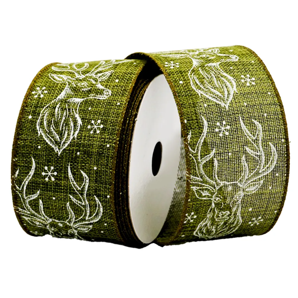 WIRED RIBBON 2.5″x10 YDS. FROST GREEN W/ REINDEER HEAD