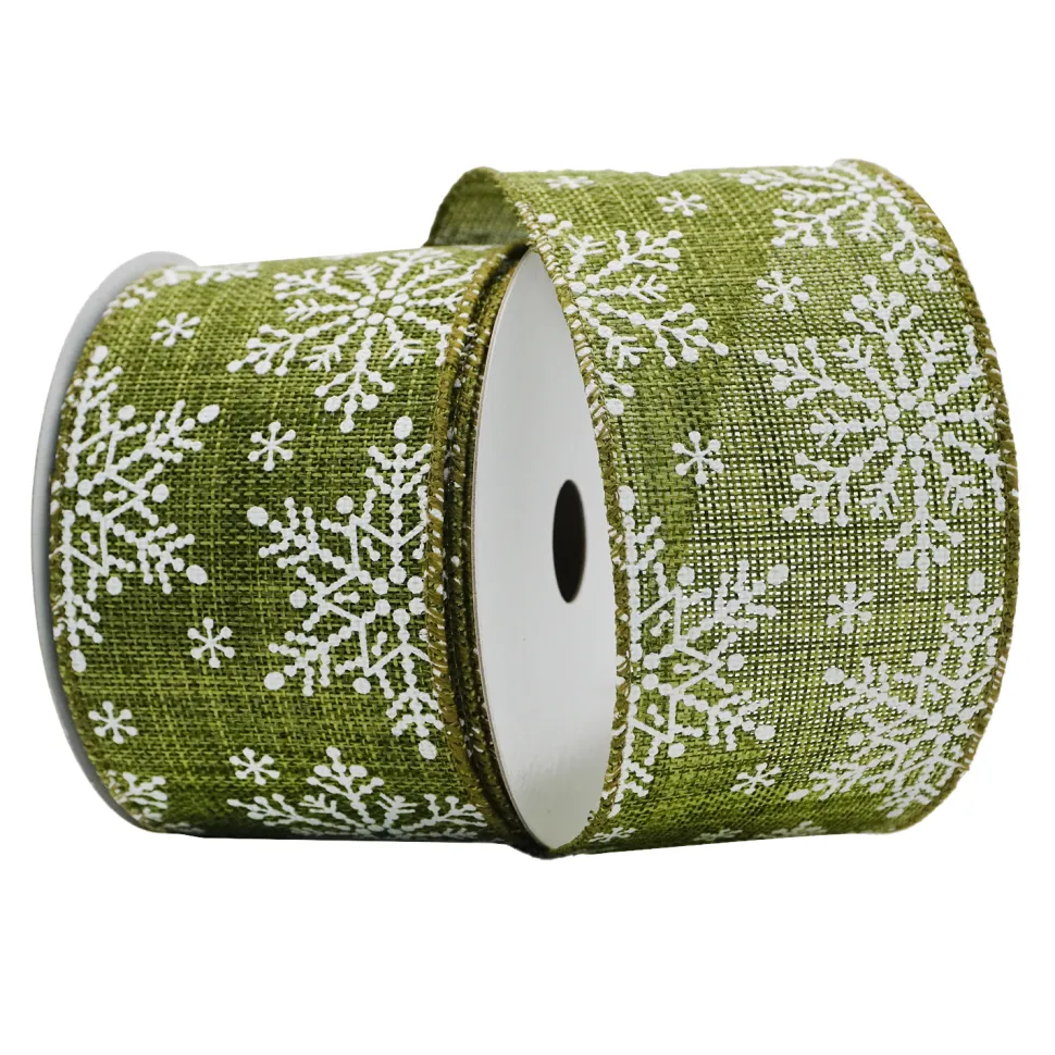 WIRED RIBBON 2.5″x10 YDS. FROST GREEN W/ SNOWFLAKES