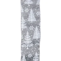 WIRED RIBBON 2.5″X10 YDS GRAY W/ WHITE CHRISTMAS TREES
