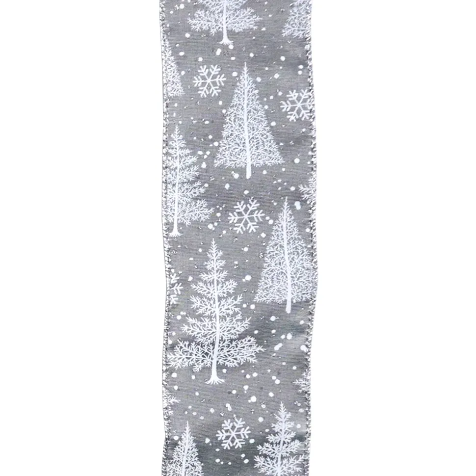 WIRED RIBBON 2.5″X10 YDS GRAY W/ WHITE CHRISTMAS TREES