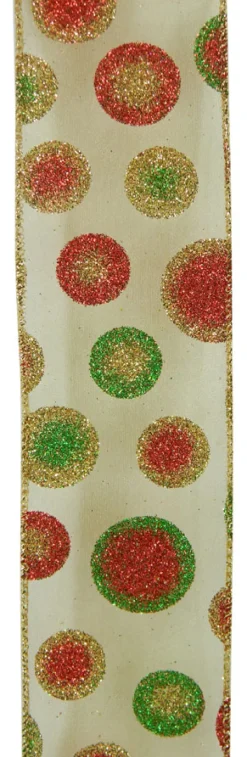 WIRED RIBBON 2.5″X10 YDS IVORY W/ GOLD, RED, GREEN GLIITER DOTS