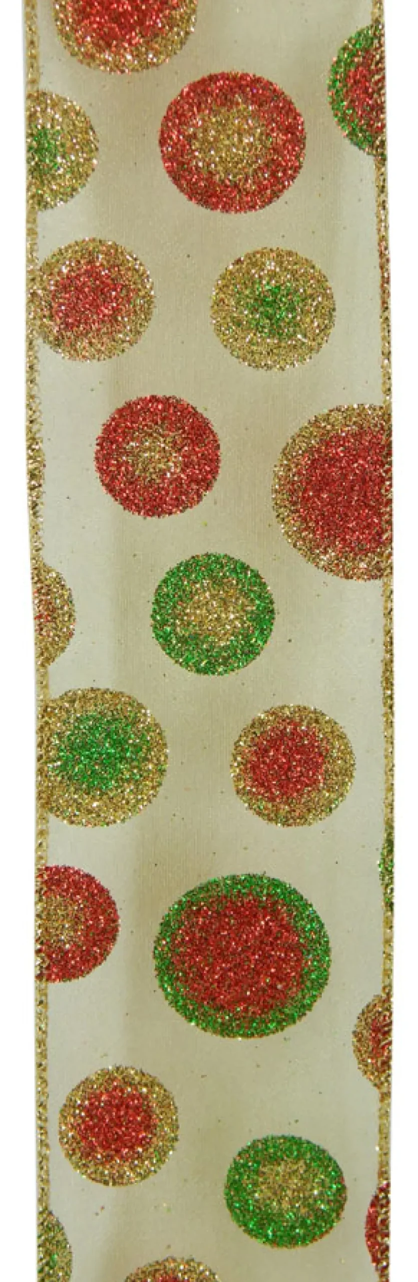 WIRED RIBBON 2.5″X10 YDS IVORY W/ GOLD, RED, GREEN GLIITER DOTS