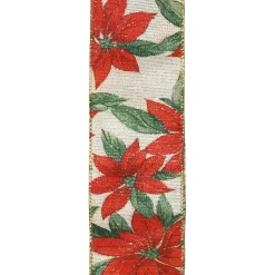 WIRED RIBBON 2.5″X10 YDS IVORY W/ RED POINSETTIA