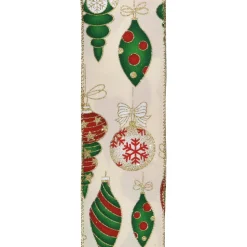 WIRED RIBBON 2.5″X10 YDS IVORY TWILL W/XMAS BALLS & FINIALS