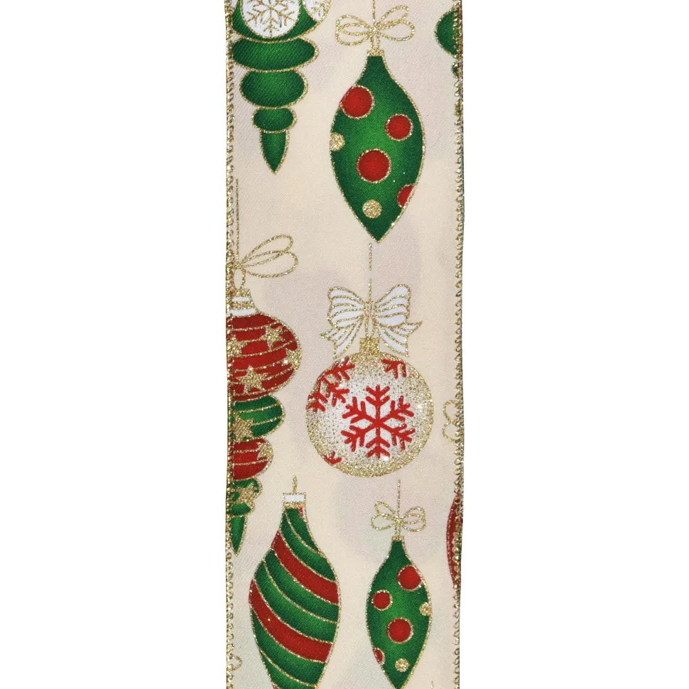 WIRED RIBBON 2.5″X10 YDS IVORY TWILL W/XMAS BALLS & FINIALS