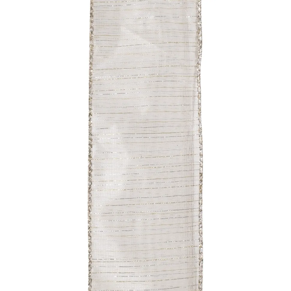 WIRED RIBBON 2.5″X10 YDS IVORY W/ GLD/ SIL IRR. STRIPES