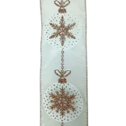 WIRED RIBBON 2.5″X10 YDS IVORY W/ GOLD SNOWFLAKES IN BALL
