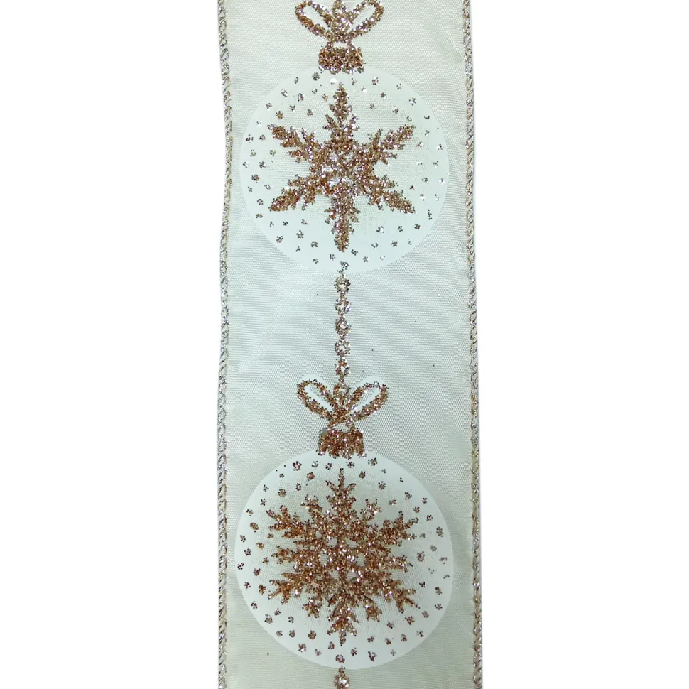 WIRED RIBBON 2.5″X10 YDS IVORY W/ GOLD SNOWFLAKES IN BALL