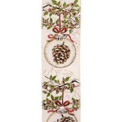 WIRED RIBBON 2.5″X10 YDS IVORY W/ PINE CONE IN SPRUCE & BAUBLES