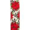 WIRED RIBBON 2.5″X10 YDS IVORY W/ RED POINSETTIA & HOLLY