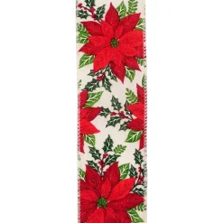 WIRED RIBBON 2.5″X10 YDS IVORY W/ RED POINSETTIA & HOLLY