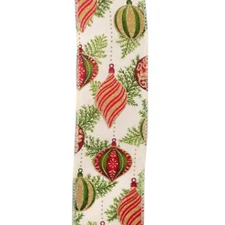 WIRED RIBBON 2.5″X10 YDS IVORY W/ BAUBLES, FINIALS & CEDAR