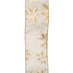 WIRED RIBBON 2.5″X10 YDS IVORY W/ GOLD HOLIDAY POINSETTIA