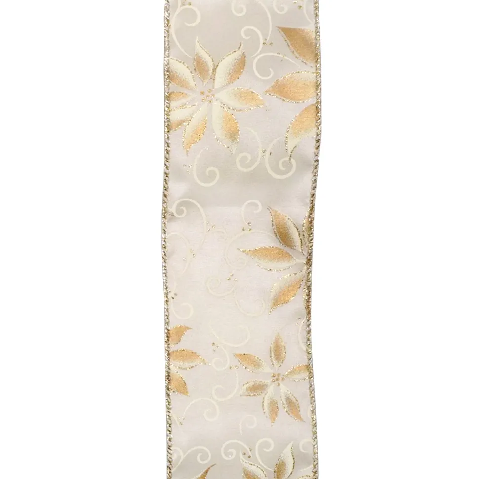 WIRED RIBBON 2.5″X10 YDS IVORY W/ GOLD HOLIDAY POINSETTIA