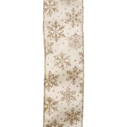 WIRED RIBBON 2.5″X10 YDS IVORY W/ GOLD GLITTER SNOWFLAKES