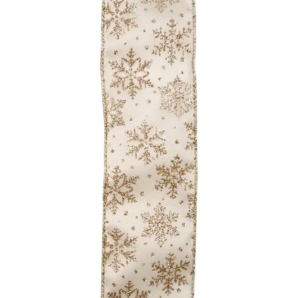 WIRED RIBBON 2.5″X10 YDS IVORY W/ GOLD GLITTER SNOWFLAKES