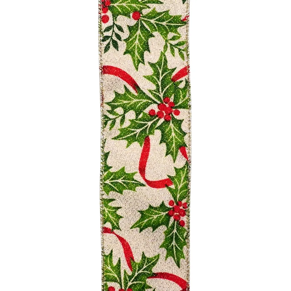 WIRED RIBBON 2.5″X10 YDS IVORY W/ HOLLY, RED BERRIES & RED RIBBON