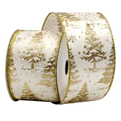 WIRED RIBBON 2.5″x10 YDS. IVORY W/ CHAMPANGE TREES