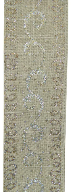 WIRED RIBBON 2.5″X10 YDS NATURAL W/ GOLD /CHAMPAGNE SWIRL GLITTER
