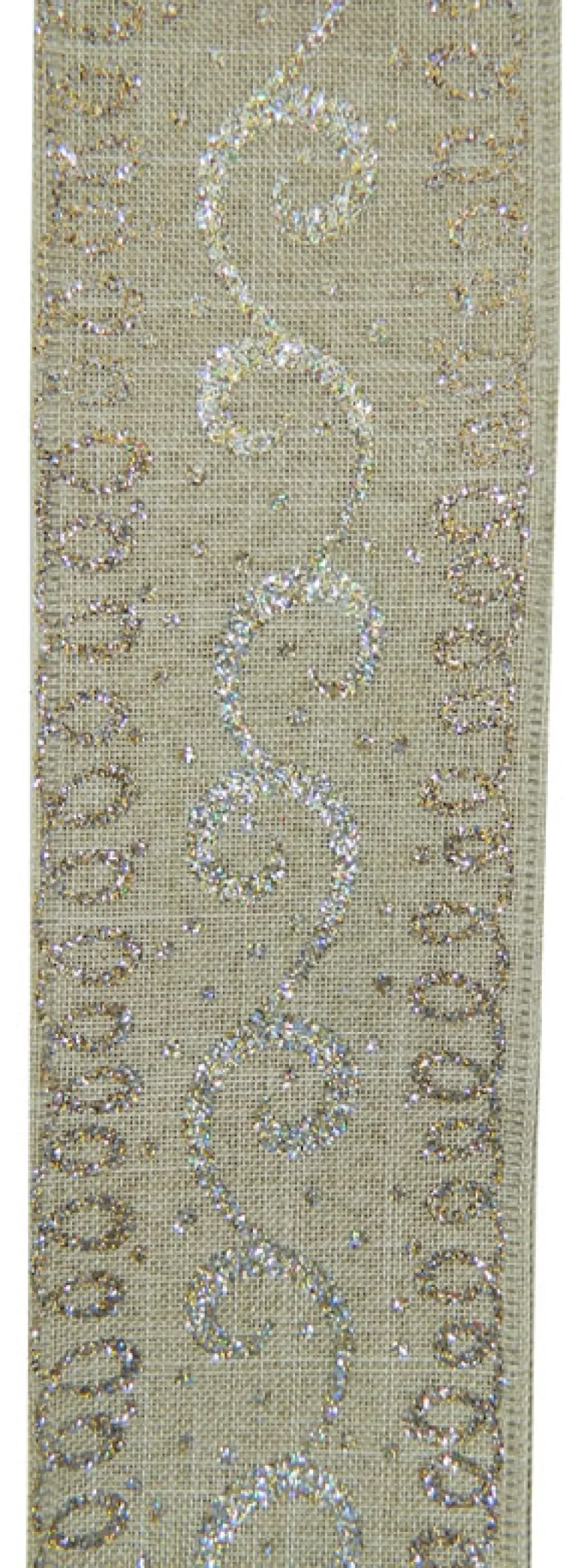 WIRED RIBBON 2.5″X10 YDS NATURAL W/ GOLD /CHAMPAGNE SWIRL GLITTER