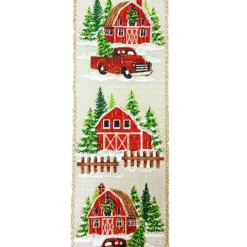 WIRED RIBBON 2.5″X10 YDS NATURAL W/RED BARN & TRUCK