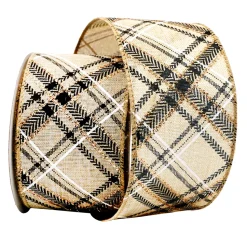 WIRED RIBBON 2.5″x10 YDS. NATURAL W/ BLACK CHAMPANGE PATTERNS