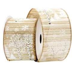 WIRED RIBBON 2.5″x10 YDS. NATURAL W/ WHITE TREES