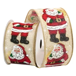 WIRED RIBBON 2.5″x10 YDS. NATURAL W/ TRADITIONAL SANTA