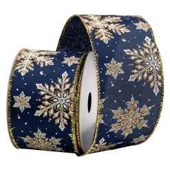 WIRED RIBBON 2.5″x10 YDS. NAVY BLUE W/ GLITTER SNOWFLAKES